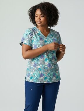 Women's Floral Scrubs Teal V-Neck Top Size Large